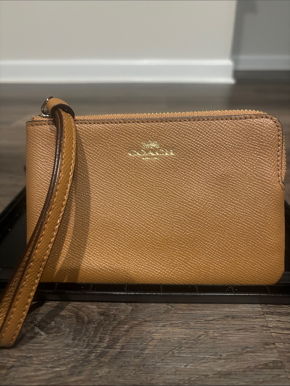Coach Tan Pebbled Leather Wristlet with Gold Logo